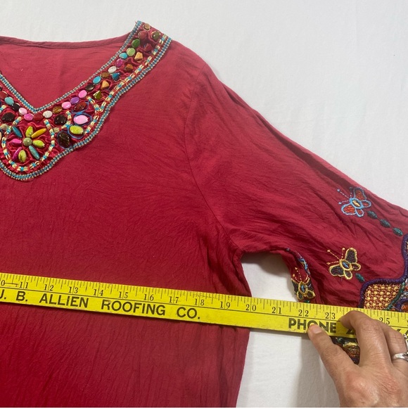 boho Blouse Top Woman Large Embroidered Butterfly long sleeve Red stone neck - Picture 5 of 8
